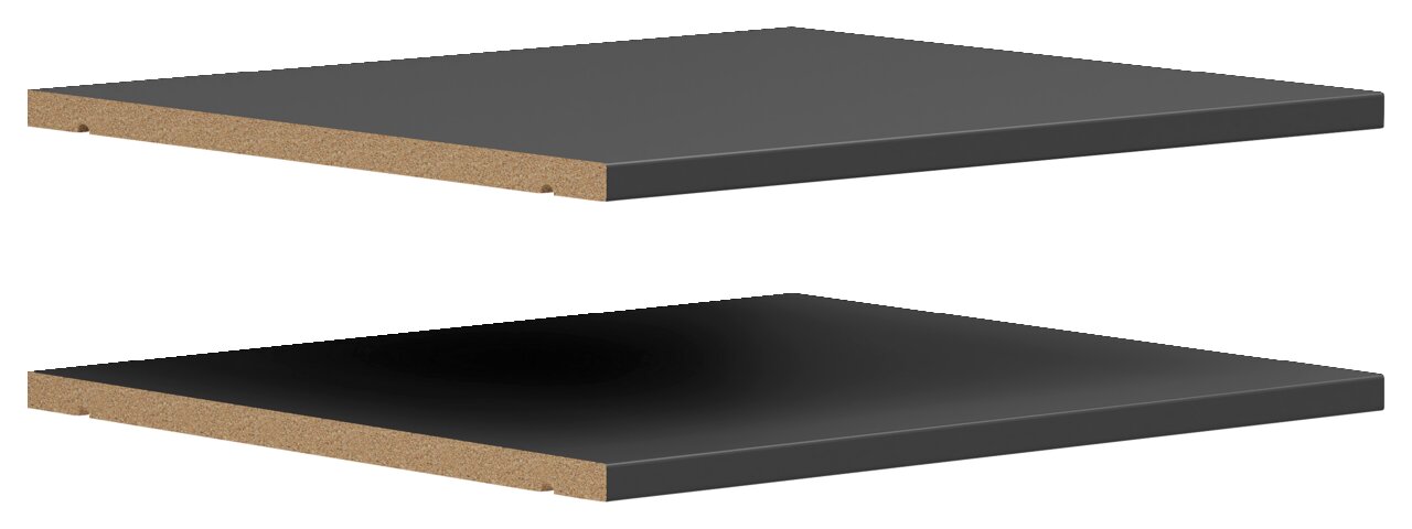 Twee zwarte legplanken van houtcomposiet, zijaanzicht