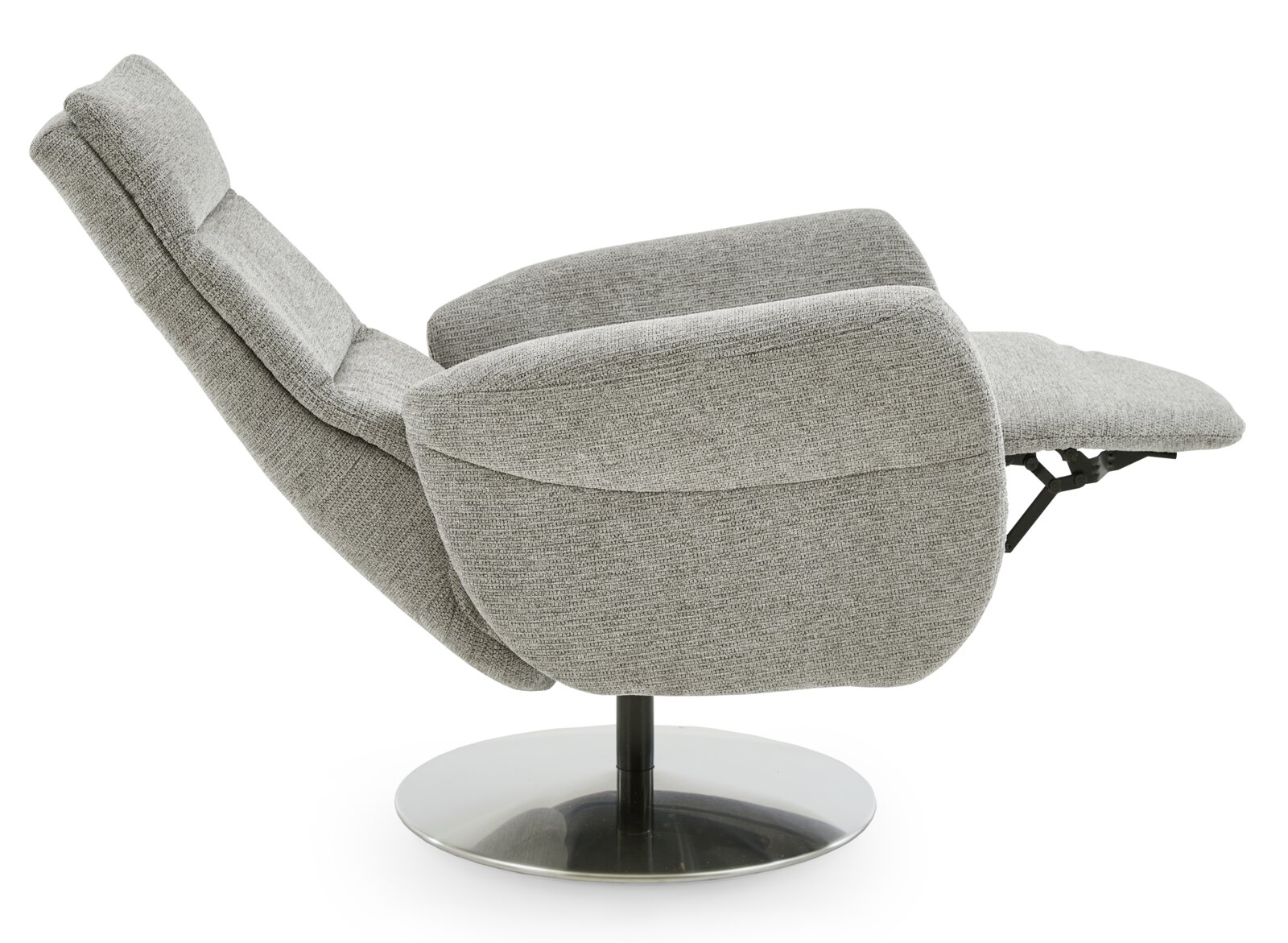 Grijze relaxfauteuil in zijaanzicht met verstelbare rugleuning en voetsteun op een ronde metalen voet.