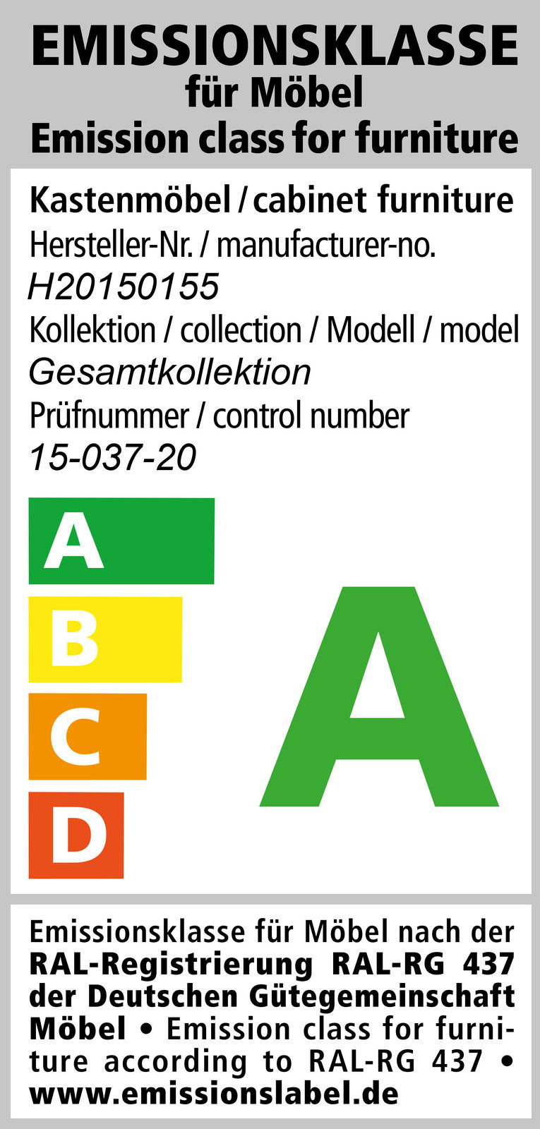 Emissionsklasse A für Kastenmöbel, Hersteller-Nr. H20150155, Gesamtkollektion, Prüfnummer 15-037-20, grüne Kategorie, Vorderansicht.