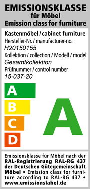 Emissionsklasse A für Kastenmöbel, Hersteller-Nr. H20150155, Gesamtkollektion, Prüfnummer 15-037-20, grüne Kategorie, Vorderansicht.