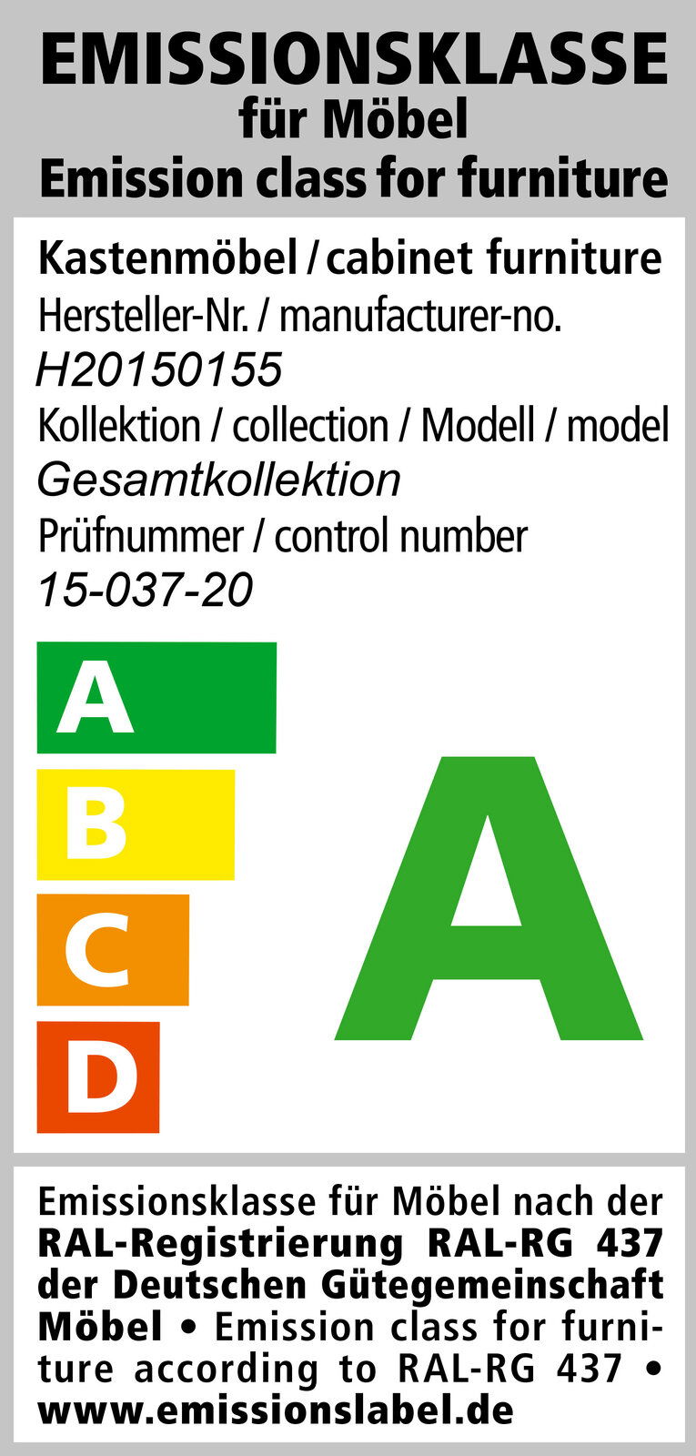 Emissionsklasse A für Kastenmöbel, Hersteller-Nr. H20150155, Gesamtkollektion, Prüfnummer 15-037-20, grüne Kategorie, Vorderansicht.