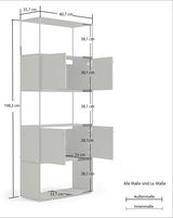 Aktenregal 80 mit offenen Türen, seitliche Perspektive, Maße: 198,3 cm hoch, 80,7 cm breit, 35,7 cm tief.