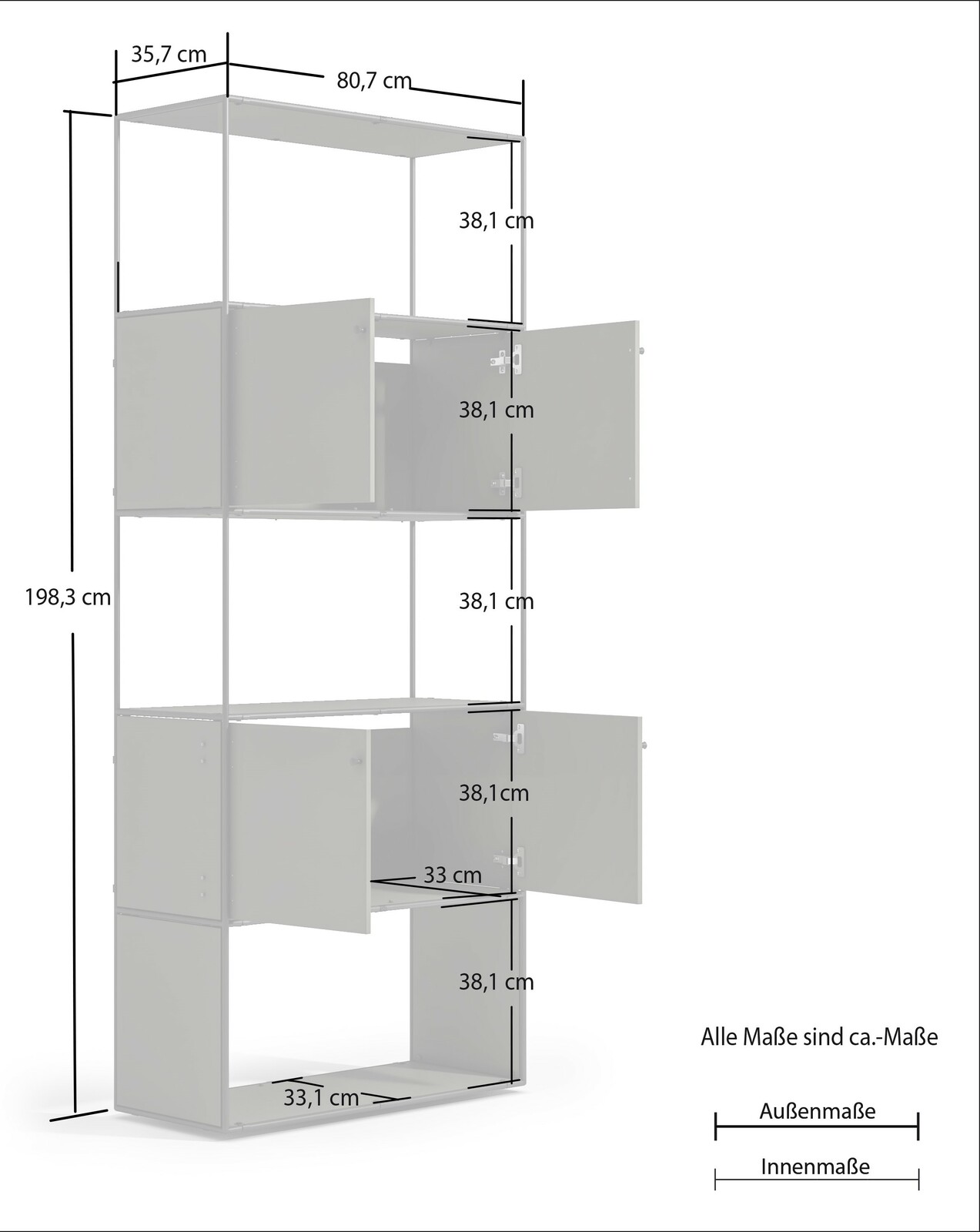 Aktenregal 80 mit offenen Türen, seitliche Perspektive, Maße: 198,3 cm hoch, 80,7 cm breit, 35,7 cm tief.
