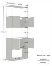 Aktenregal 80 mit offenen Türen, seitliche Perspektive, Maße: 198,3 cm hoch, 80,7 cm breit, 35,7 cm tief.
