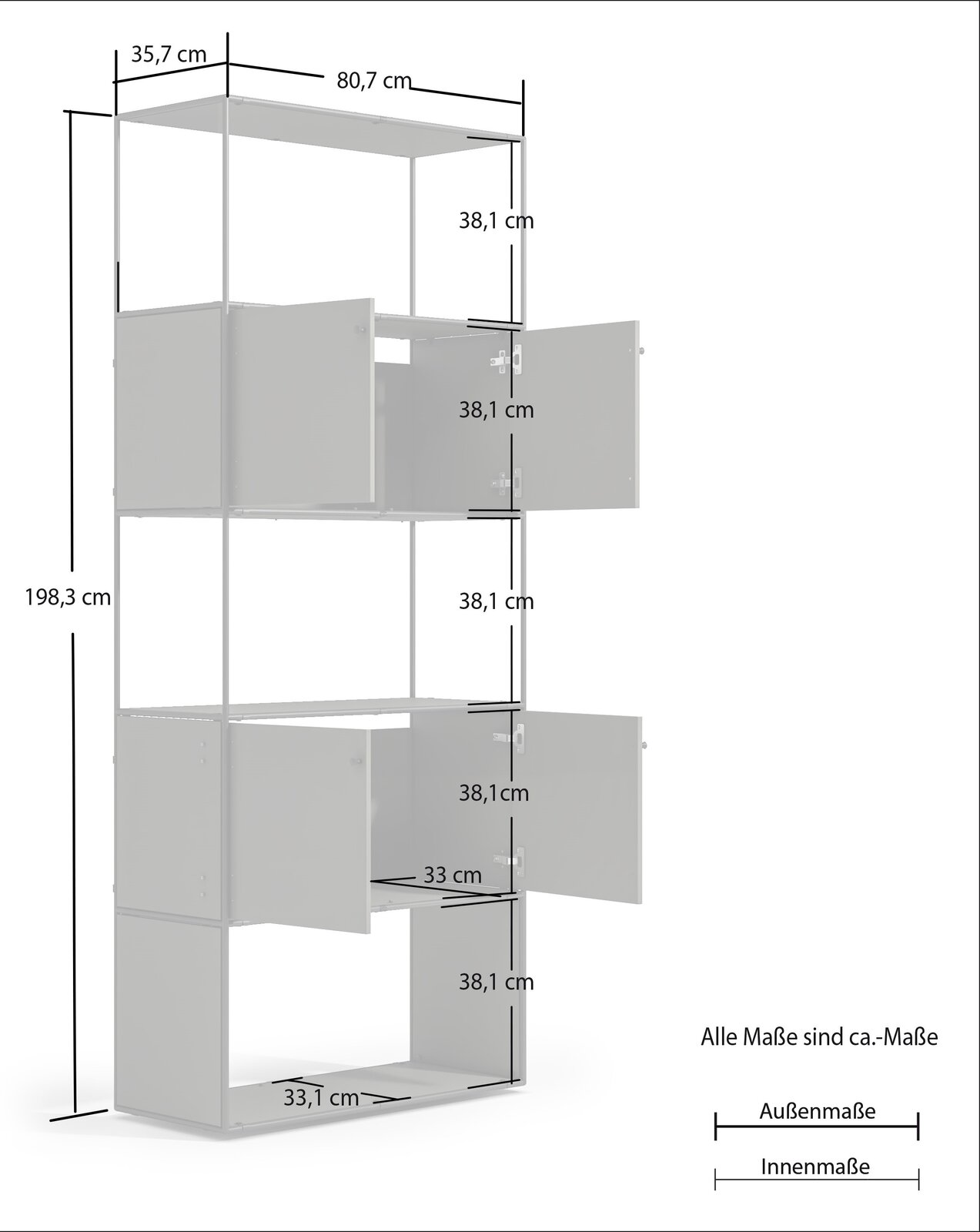 Aktenregal 80 mit offenen Türen, seitliche Perspektive, Maße: 198,3 cm hoch, 80,7 cm breit, 35,7 cm tief.