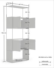 Aktenregal 80 mit offenen Türen, seitliche Perspektive, Maße: 198,3 cm hoch, 80,7 cm breit, 35,7 cm tief.