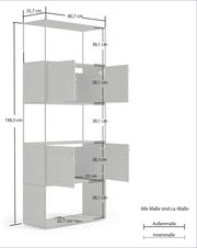 Aktenregal 80 mit offenen Türen, seitliche Perspektive, Maße: 198,3 cm hoch, 80,7 cm breit, 35,7 cm tief.