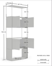 Aktenregal 80 mit offenen Türen, seitliche Perspektive, Maße: 198,3 cm hoch, 80,7 cm breit, 35,7 cm tief.