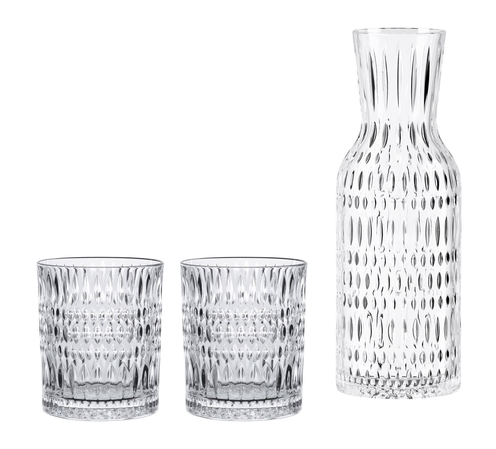 Set aus zwei Trinkgläsern und einer Karaffe aus klarem Glas mit strukturiertem Design, frontal abgebildet.
