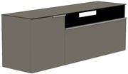 Hänge-Lowboard in grauer Farbe, seitliche Perspektive, mit zwei Türen und einem offenen Fach.