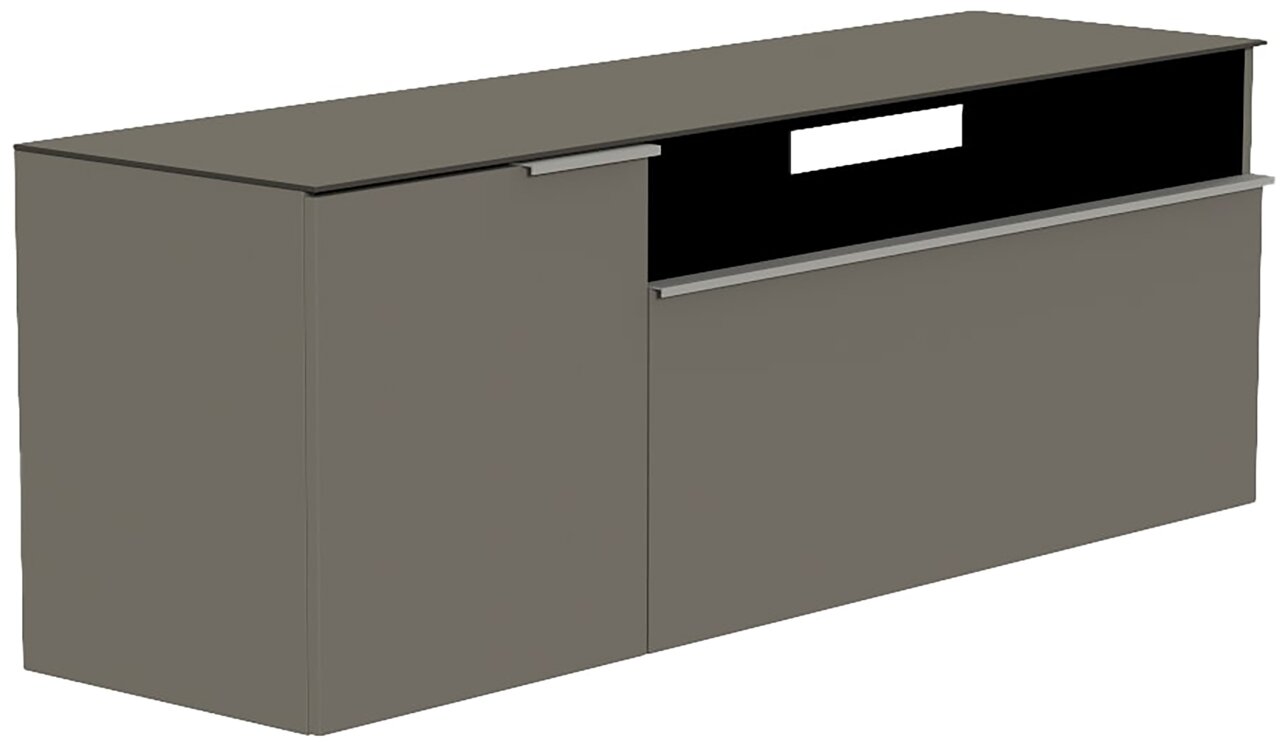 Moderano Hänge-Lowboard BORMIO Hänge-Lowboard in grauer Farbe, seitliche Perspektive, mit zwei Türen und einem offenen Fach.