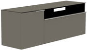 Hänge-Lowboard in grauer Farbe, seitliche Perspektive, mit zwei Türen und einem offenen Fach.
