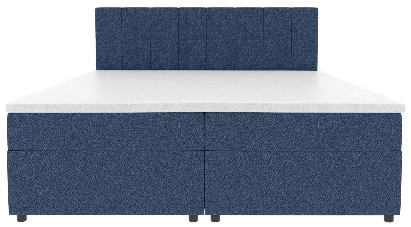 Blaues Boxspringbett mit gepolstertem, quadratisch abgestepptem Kopfteil und weißer Matratzenauflage, frontal von vorn fotografiert.