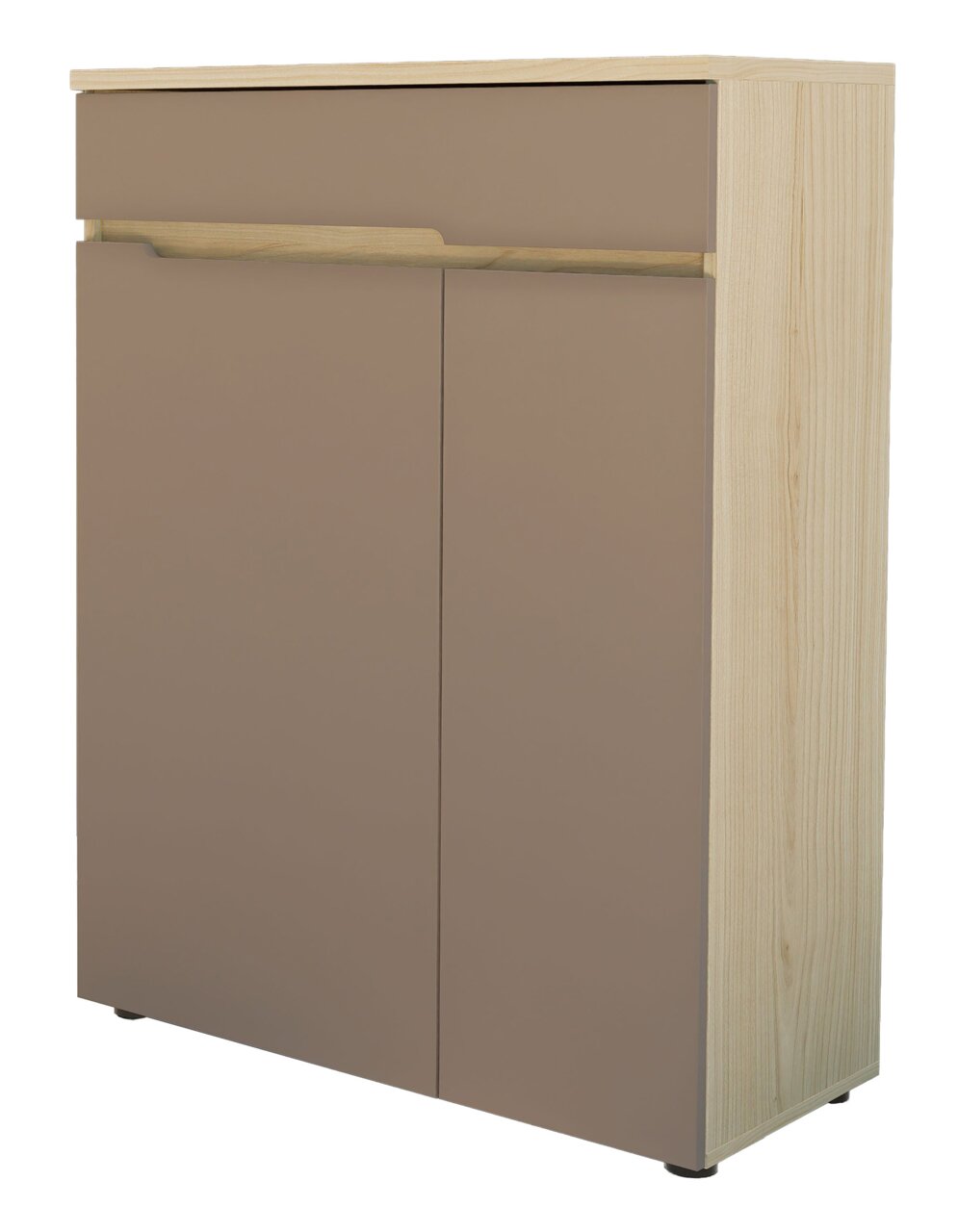 Moderner Schuhschrank in Holzoptik mit zwei Türen, seitliche Perspektive