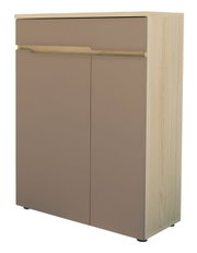 Moderne schoenenkast in houtlook met twee deuren, zijaanzicht