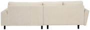 Beiges, gepolstertes Sofa mit breiten Armlehnen und schwarzen Füßen, Rückansicht/Ansicht von hinten vor weißem Hintergrund
