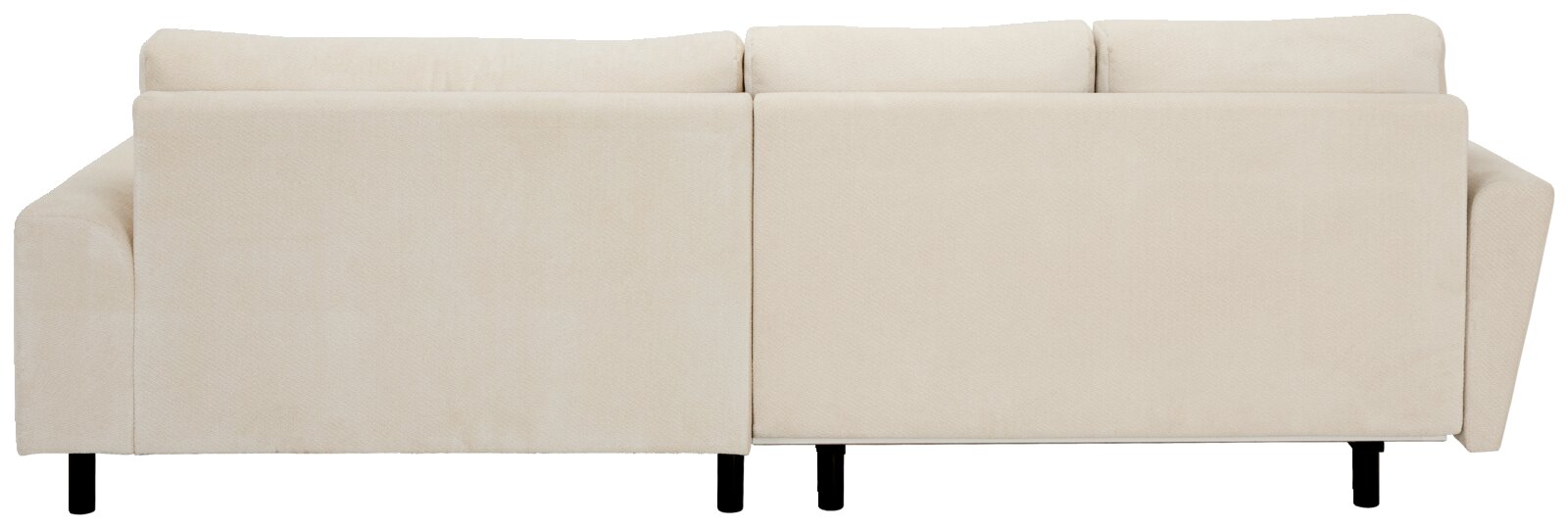 Beiges, gepolstertes Sofa mit breiten Armlehnen und schwarzen Füßen, Rückansicht/Ansicht von hinten vor weißem Hintergrund