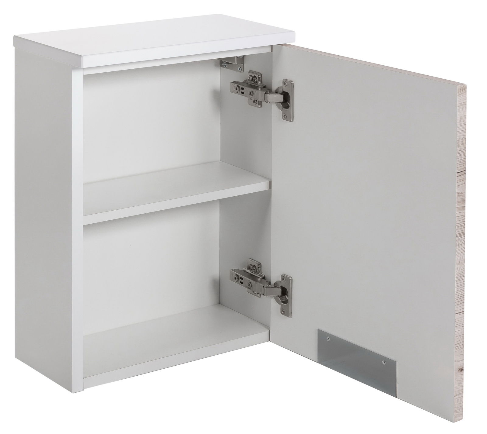 Weißer Oberschrank mit geöffneter Tür, zwei Einlegeböden und sichtbaren Scharnieren, Perspektive von vorne rechts