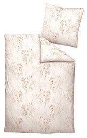 Bettwäsche-Set mit floralem Muster in sanften Farben, bestehend aus einem Kissenbezug und einem Deckenbezug, aus der Vogelperspektive fotografiert.