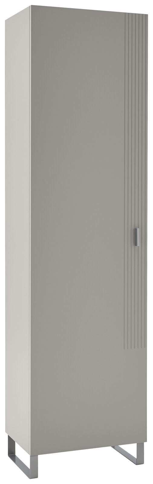 Moderner Garderobenschrank in grauer Farbe mit vertikalen Linien auf der Tür, perspektivisch von vorne links gesehen.