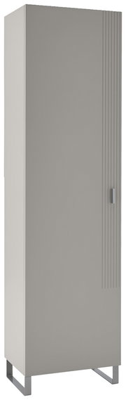 Moderner Garderobenschrank in grauer Farbe mit vertikalen Linien auf der Tür, perspektivisch von vorne links gesehen.