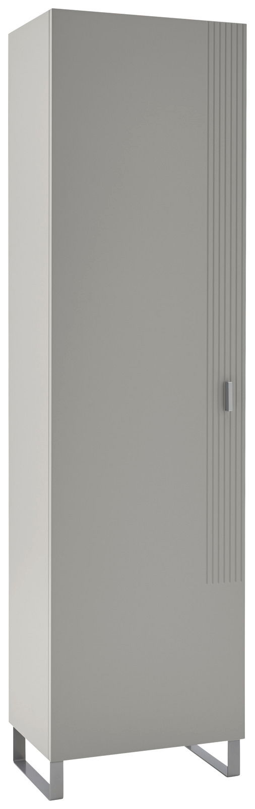 Moderner Garderobenschrank in grauer Farbe mit vertikalen Linien auf der Tür, perspektivisch von vorne links gesehen.