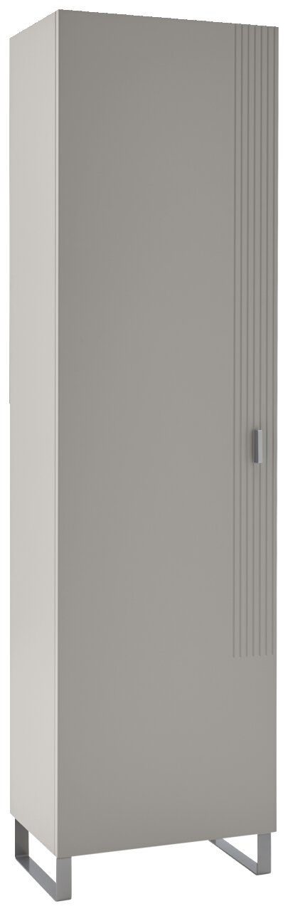 Moderner Garderobenschrank in grauer Farbe mit vertikalen Linien auf der Tür, perspektivisch von vorne links gesehen.