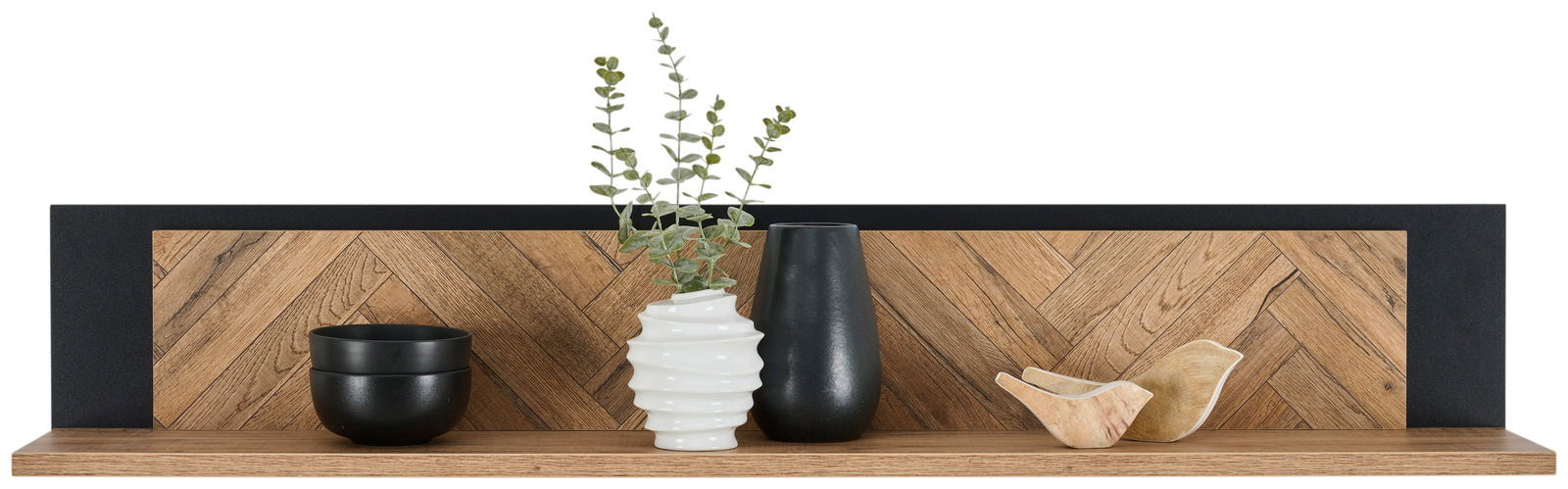 Wandboard aus Holz mit dekorativen Vasen und Schalen, frontale Ansicht