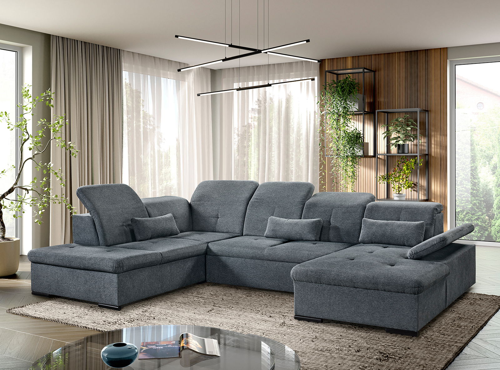 Graue Rundecke (U) in modernem Wohnzimmer, seitliche Perspektive