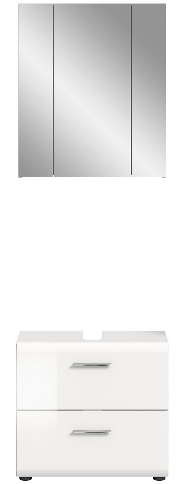 Frontansicht einer modernen Badkombination mit dreiteiligem Spiegelschrank und weißem Unterschrank mit zwei Schubladen.