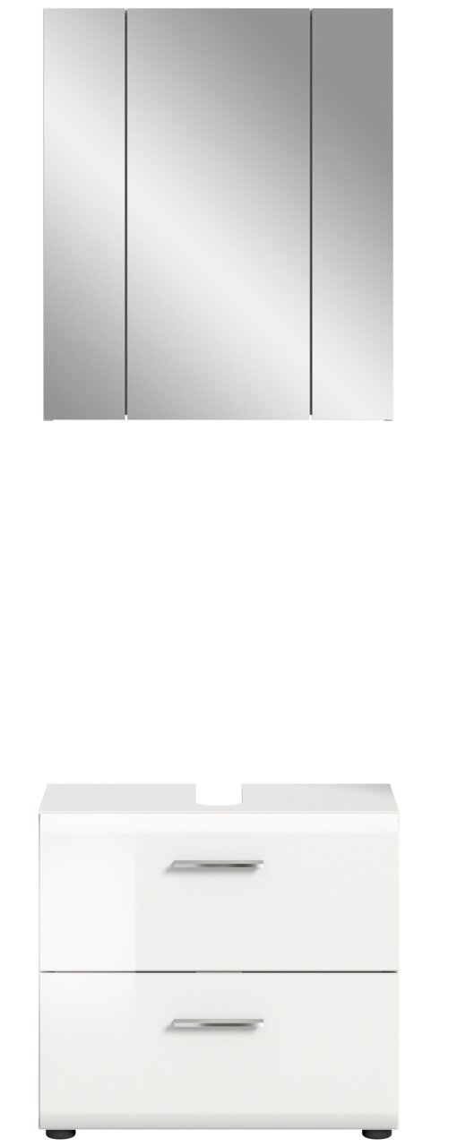Frontansicht einer modernen Badkombination mit dreiteiligem Spiegelschrank und weißem Unterschrank mit zwei Schubladen.
