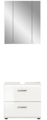 Frontansicht einer modernen Badkombination mit dreiteiligem Spiegelschrank und weißem Unterschrank mit zwei Schubladen.