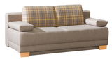 Beige Querschläfer-Sofa mit karierten Rückenkissen, seitliche Perspektive