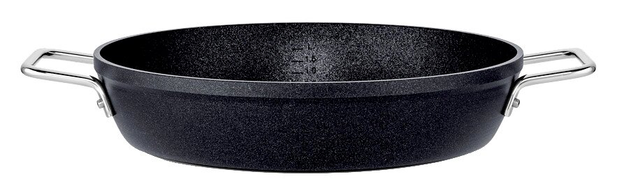 Servierpfanne Adamant 28cm von Fissler, seitliche Perspektive, schwarze Antihaftbeschichtung, mit zwei Griffen aus Edelstahl.