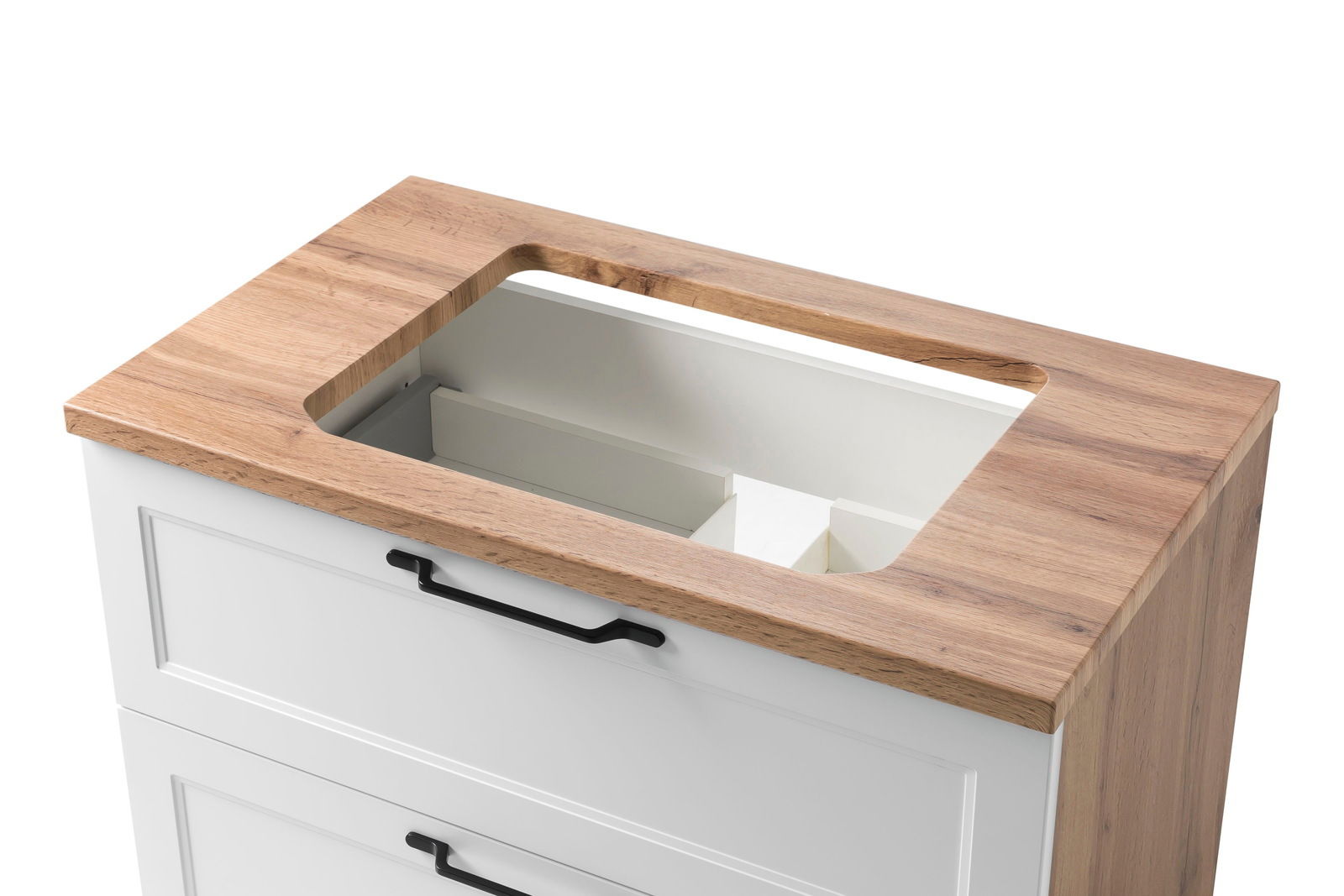 Waschtisch-Set mit Holzoberfläche und weißen Schubladen, Ansicht von oben