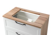 Waschtisch-Set mit Holzoberfläche und weißen Schubladen, Ansicht von oben