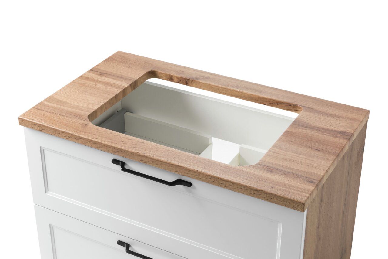 Wastafelset met houten blad en witte lades, bovenaanzicht
