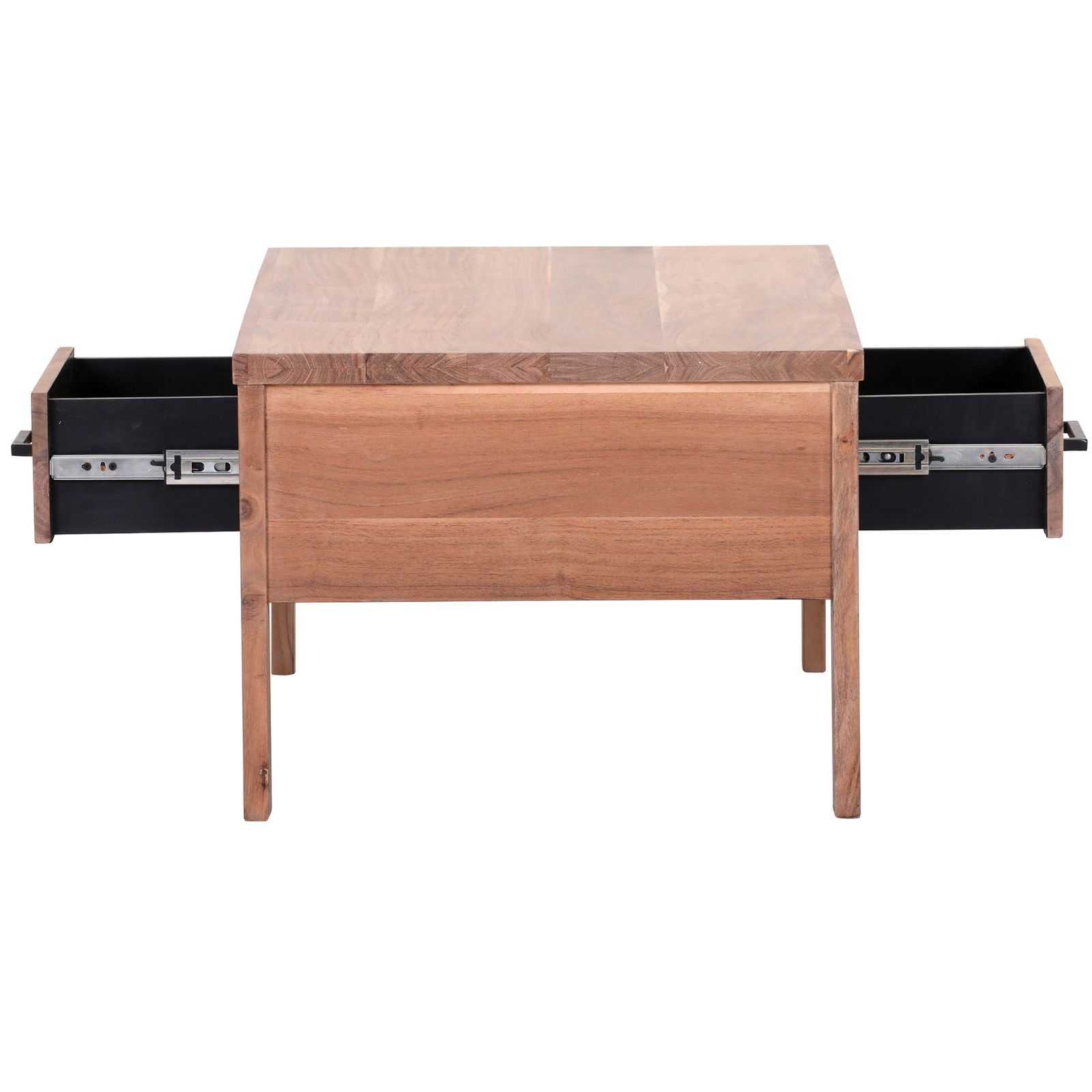 Holz-Couchtisch mit zwei seitlich ausgezogenen Schubladen, Frontalansicht