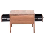 Holz-Couchtisch mit zwei seitlich ausgezogenen Schubladen, Frontalansicht