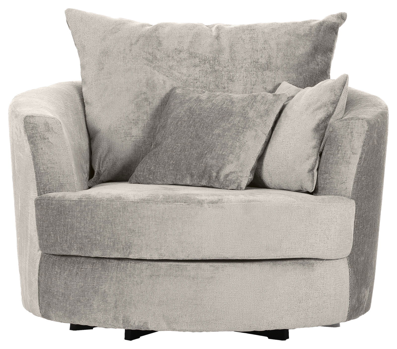 Gemütlicher, runder Sessel in hellgrauem Stoff mit zwei passenden Kissen, Vorderansicht.