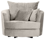 Gemütlicher, runder Sessel in hellgrauem Stoff mit zwei passenden Kissen, Vorderansicht.