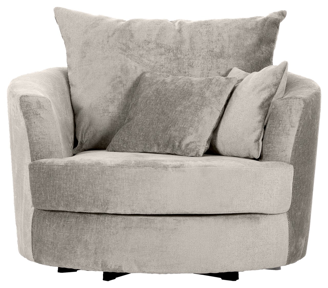 Gemütlicher, runder Sessel in hellgrauem Stoff mit zwei passenden Kissen, Vorderansicht.