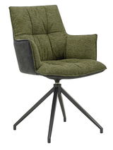 Moderner grüner Sessel mit gepolstertem Sitz und Rückenlehne, schwarzem Metallgestell, seitliche Perspektive