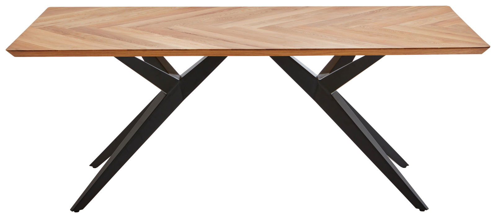 Moderner Esstisch mit Fischgrätenmuster und schwarzen Metallbeinen, seitliche Perspektive