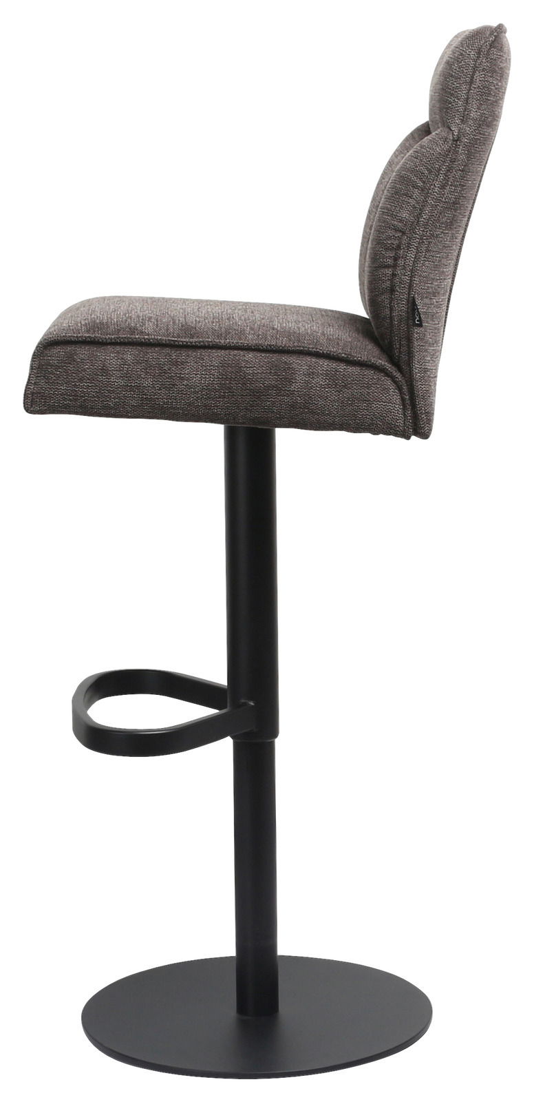 Seitenansicht eines modernen Barhockers mit gepolstertem Sitz und Rückenlehne in grauem Stoff, schwarzem Metallgestell und Fußstütze.