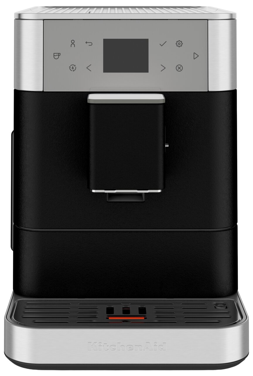 KitchenAid Kaffeevollautomat KF6 5KES8556EBK Frontansicht eines modernen Kaffeevollautomaten mit Edelstahl- und schwarzen Elementen, digitalem Display und Bedienelementen.