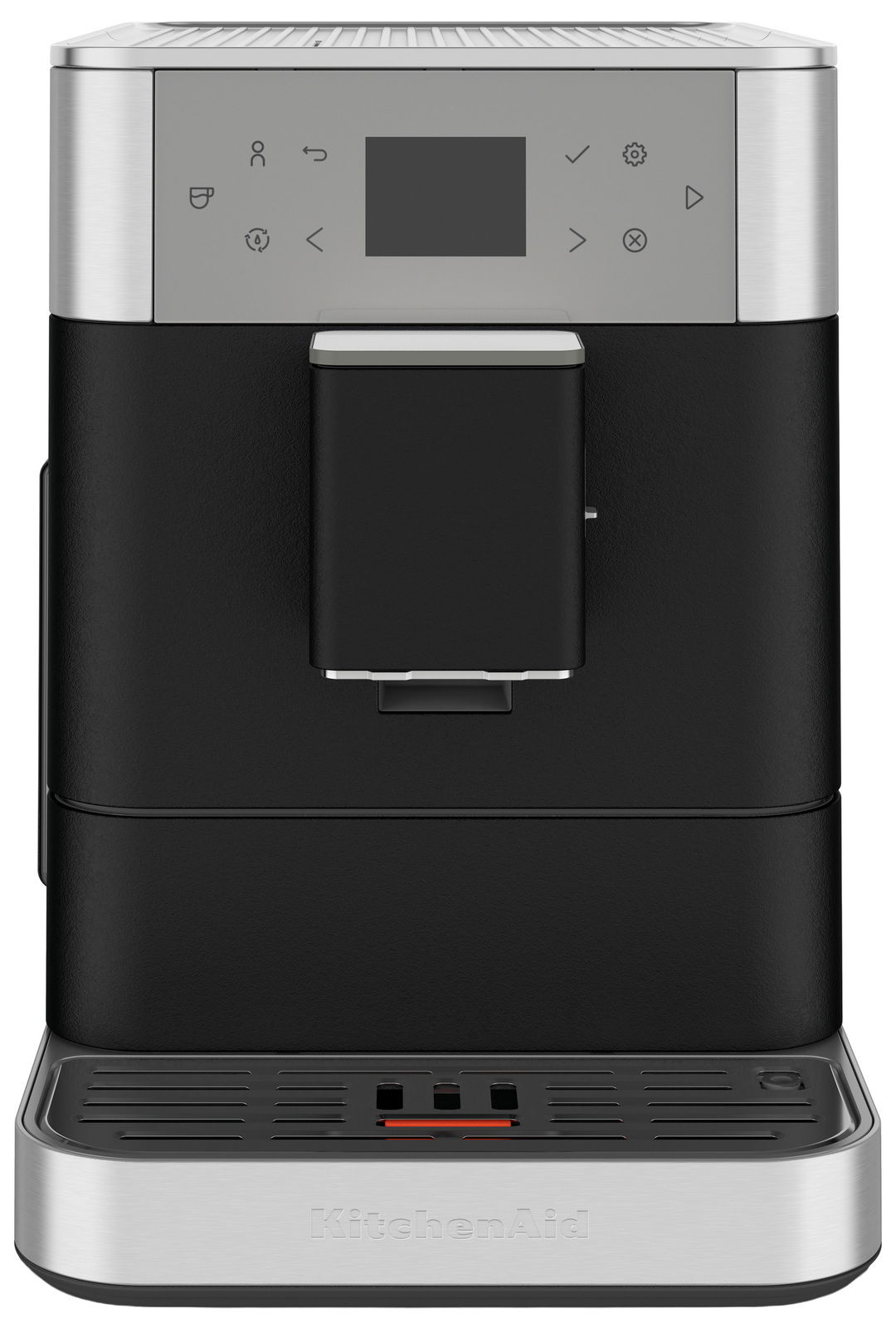 Frontansicht eines modernen Kaffeevollautomaten mit Edelstahl- und schwarzen Elementen, digitalem Display und Bedienelementen.