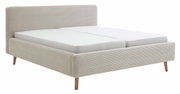 Polsterbettgestell in Beige mit gestreiftem Stoffbezug, seitliche Perspektive