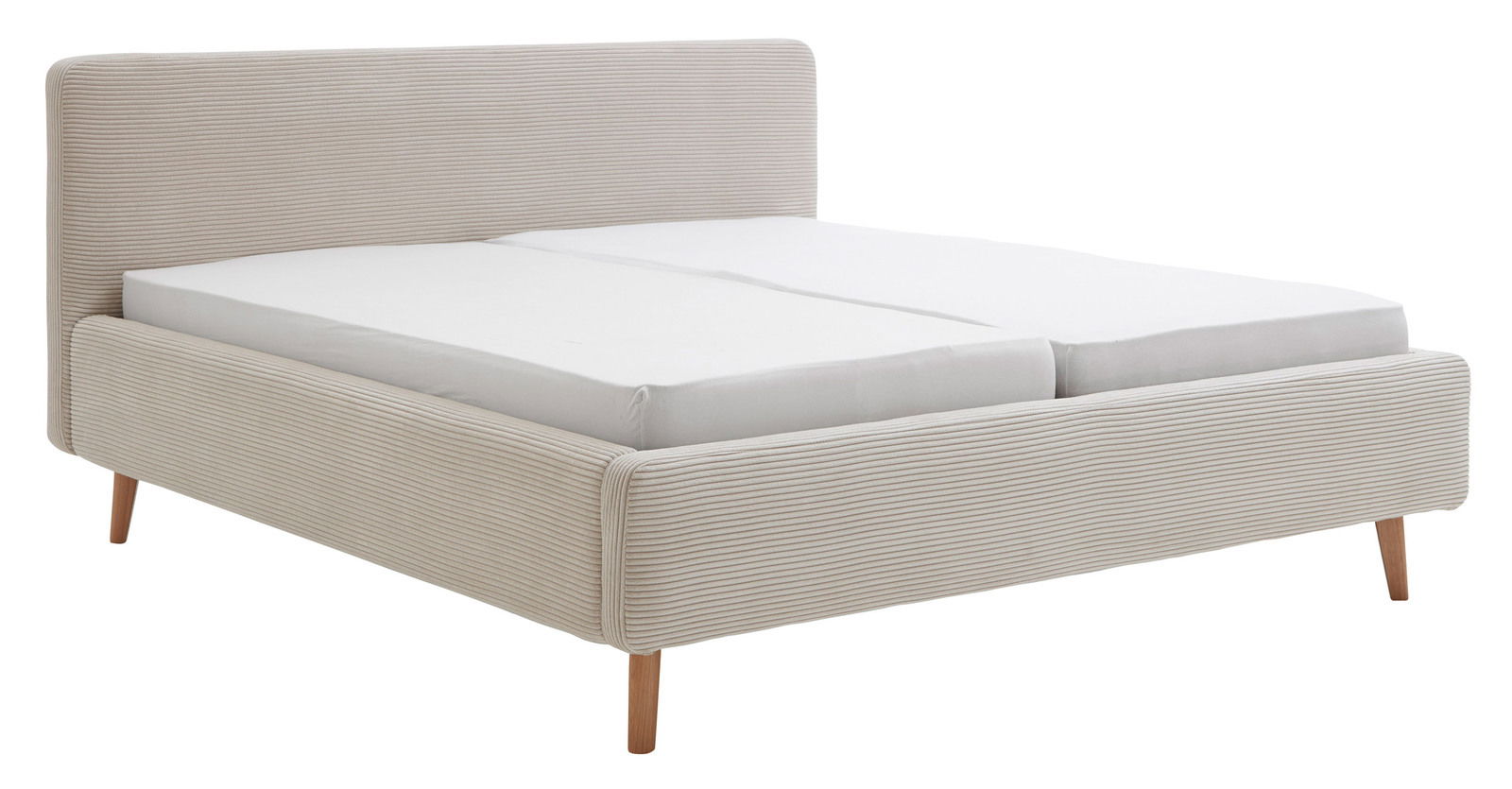 Polsterbettgestell in Beige mit gestreiftem Stoffbezug, seitliche Perspektive