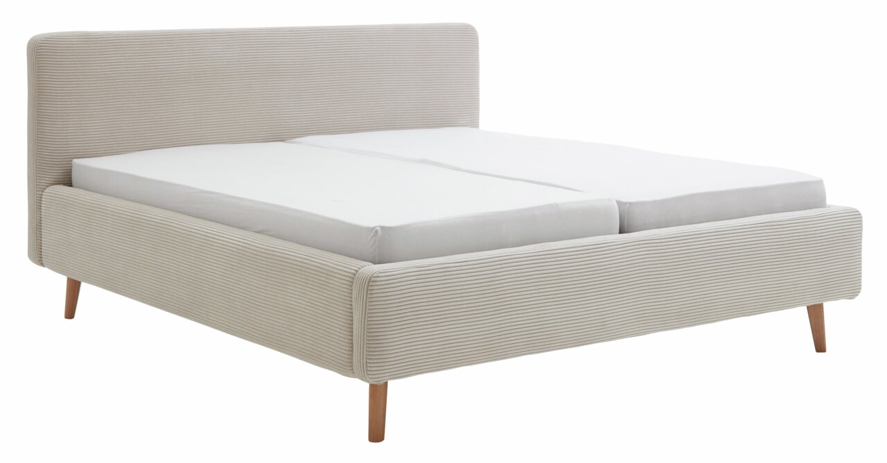 Polsterbettgestell in Beige mit gestreiftem Stoffbezug, seitliche Perspektive